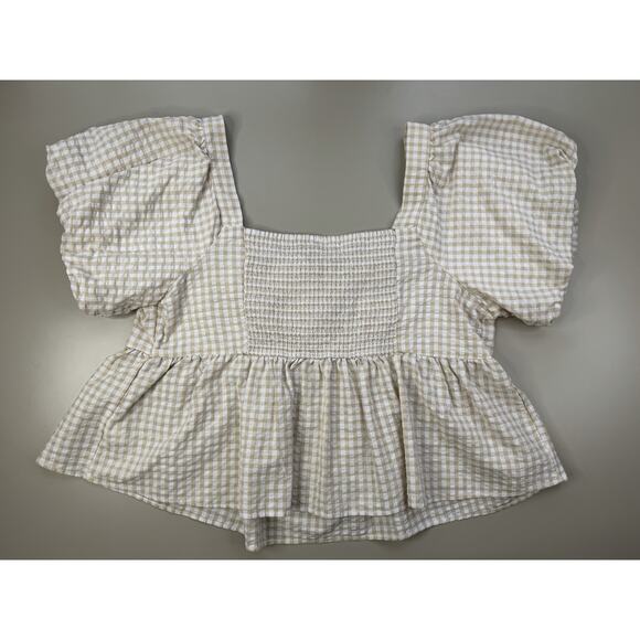 Old Navy Women Puff-Sleeve Smocked Seersucker Babydoll Top 3X Yellow Tan Gingham - Picture 14 of 16